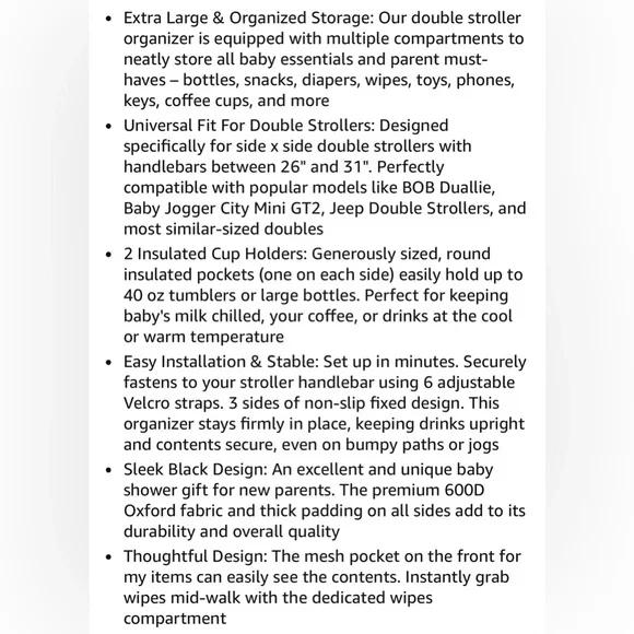 Black Double Stroller Organizer with Cup Holders - Picture 8 of 8